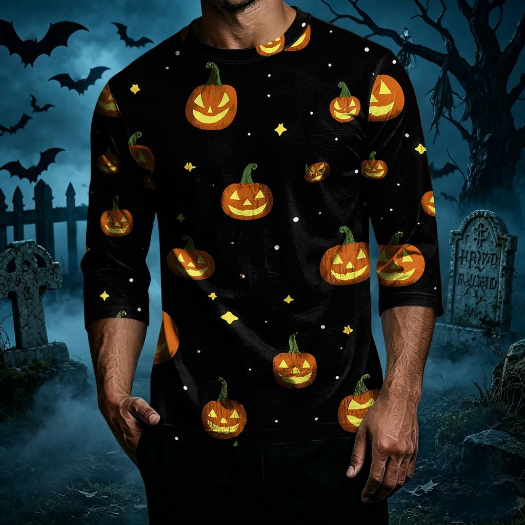 Men's Casual Halloween Pumpkin Print Raglan Sleeve T-Shirt Crew Neck Three Quarter Sleeve Top Lightweight Comfortable Fit