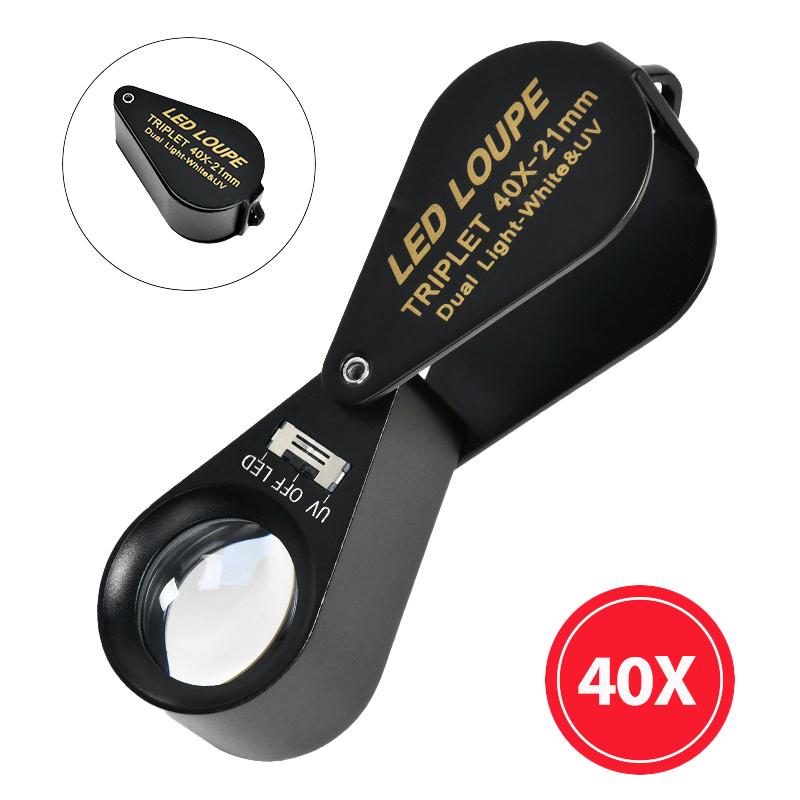 10X-40X Folding Loupe Magnifier Jewelry Magnifying Glass Triplet Lens Optical Glass Illuminated Magnifier with 6 LED 7 UV Lights