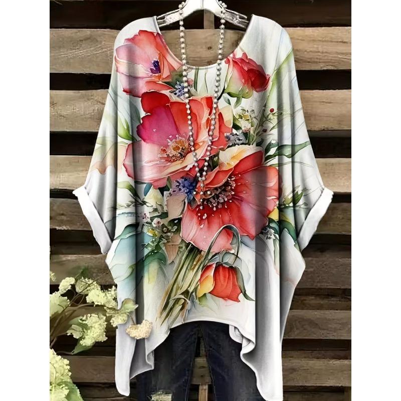 Bohemian Chic Women's T-Shirt Vintage Floral Graphic O-Neck Pullover Short Sleeve Tees Oversized Irregular Hemline  Clothes