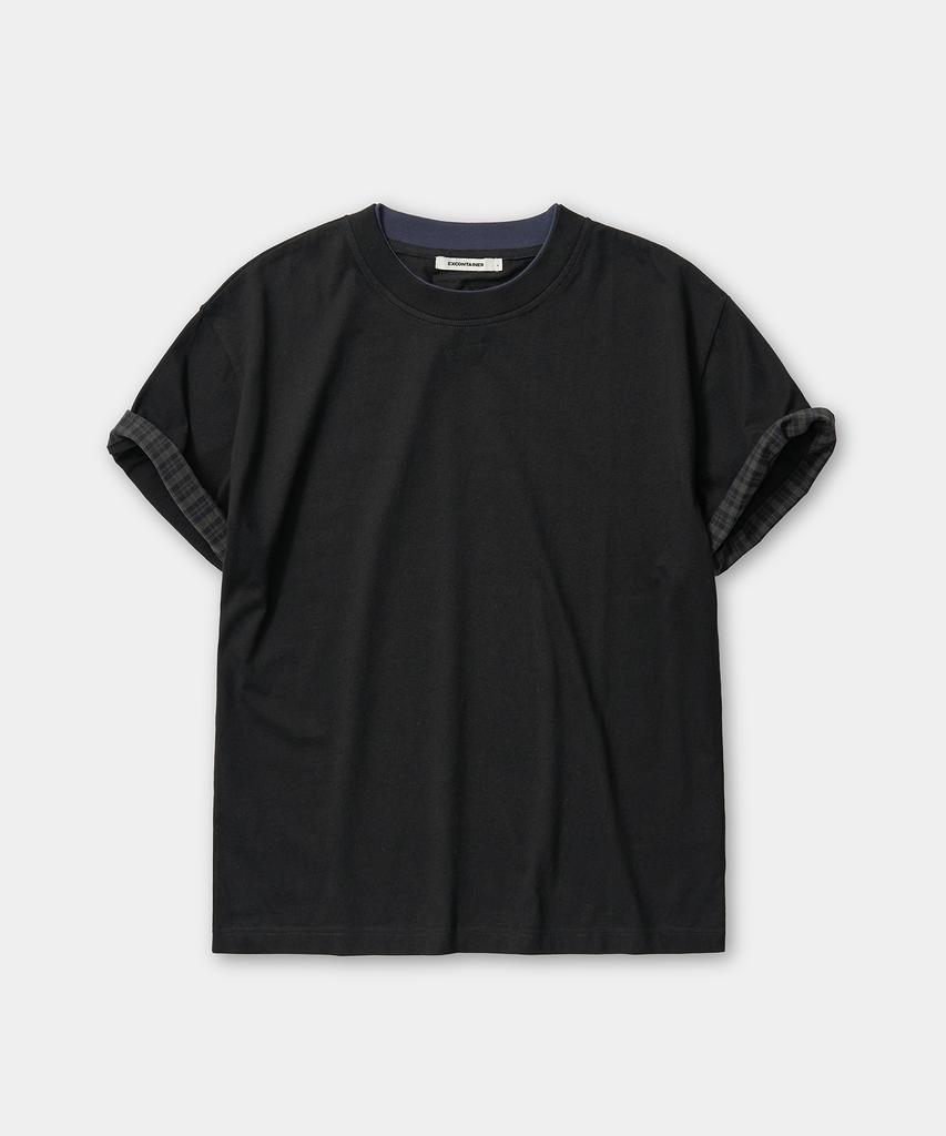 EXCONTAINER Check Layered Crop Half T-Shirt (Black)
