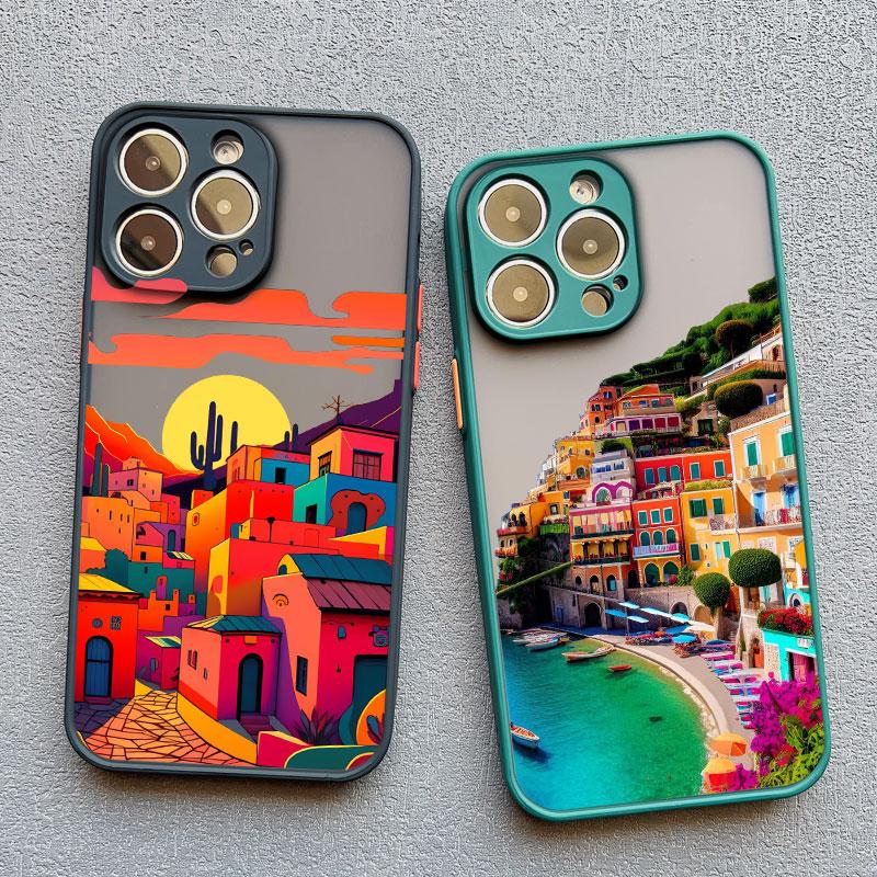 Urban Seaside Town Phone Case For iPhone 16 15 14 13 12 11 Pro Max Mini X XS XR SE 7 8 Plus Shockproof Matte Hard Cover Fundas