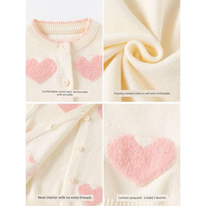 Spring and Autumn Kids Heart Combed Cotton Long Sleeves Sweater Girl Fleece-lined Cardigan Top Baby Girl Knitwear Outwear