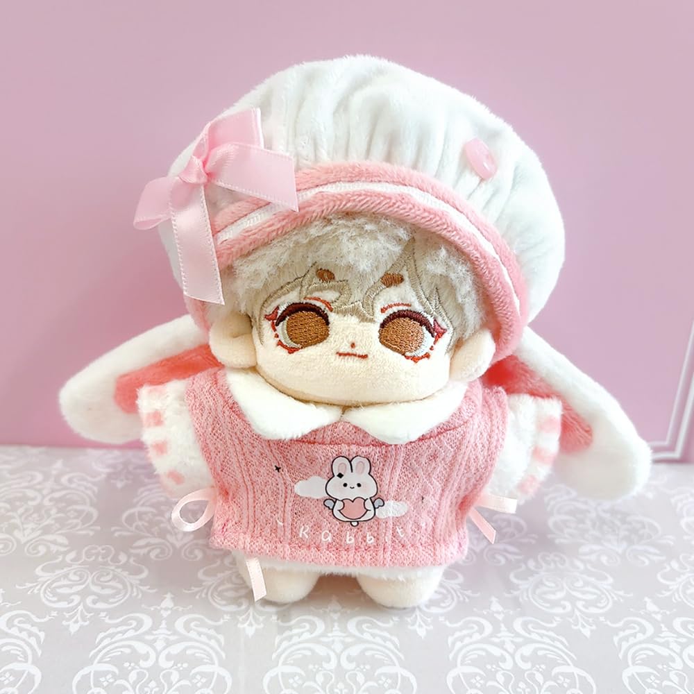 Pink Eared Beret, Shirt, and Vest Set for 10cm Plush Toy, Kigurumi Accessories, Otaku Activities, Doll Mascot, Kpopdoll Costume [Used]