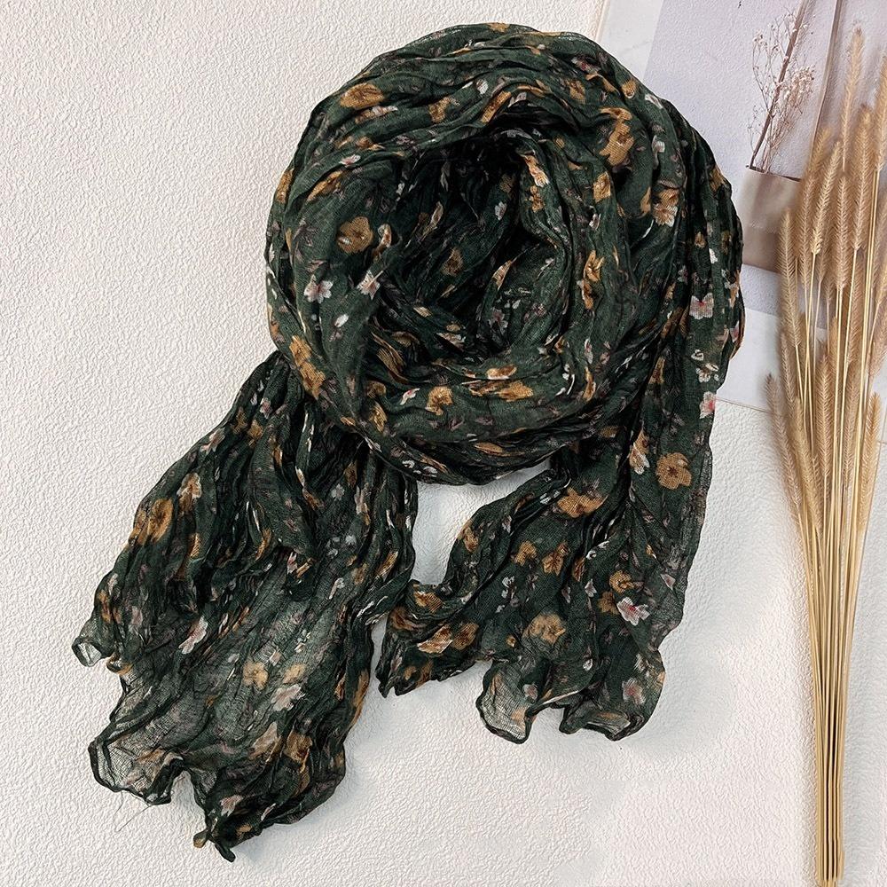 New Retro Literary Imitation Cotton And Linen Pleated Thin Versatile Shawl Small Floral Scarf Yarn Japanese Fashion Trend