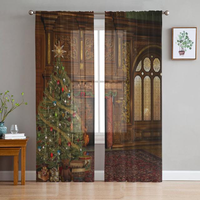 Weihnachtskamin Weihnachtssocken Tüllvorhänge für die Wohnzimmerdekoration Moderne Chiffon-Voile-Weihnachtsvorhänge