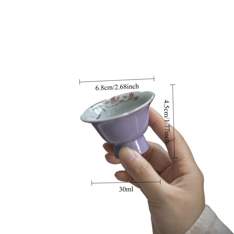 Hibiskus Lila Teetasse Blütenrand Hoher Fuß Handbemalt Orchidee Chinesischer Gelehrtenstil Keramik Gongfu Geschenkbox Geschenkset