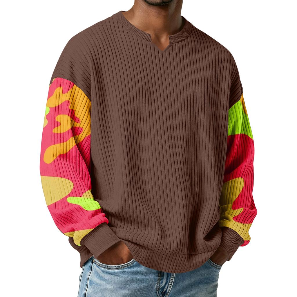 Men's Camouflage Stylish V-Neck Ribbed Textured Long-Sleeve T-Shirt