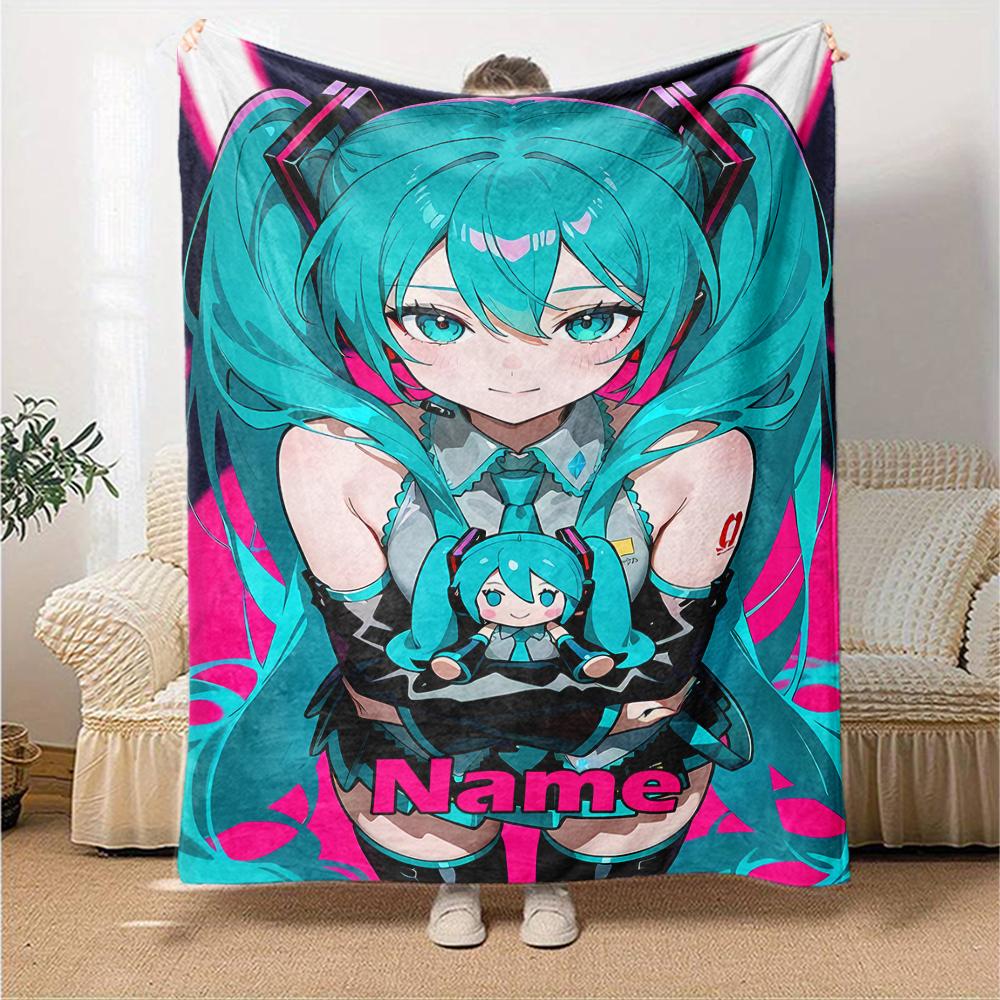 Custom Name Hatsune Miku Theme Printed Blanket - Perfect for Couch, Bed, Travel & Outdoor Use | Machine Washable, Cozy & Durable.