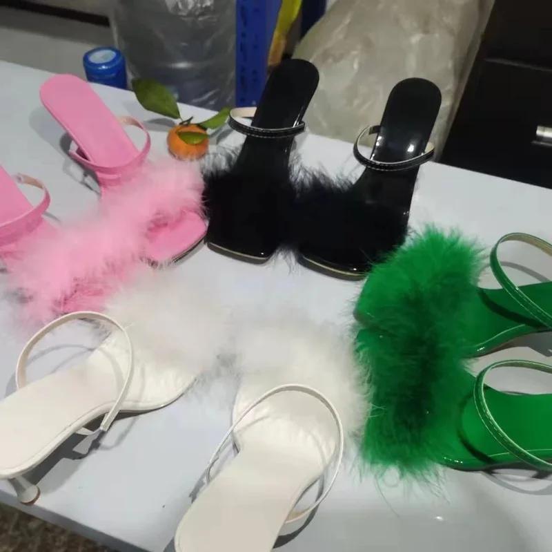 2024 Pointed Toe Women's High Heels 2024 Summer New Sexy Feather Decoration Simple Stiletto Slippers 2024 Banquet Open Toe Mules