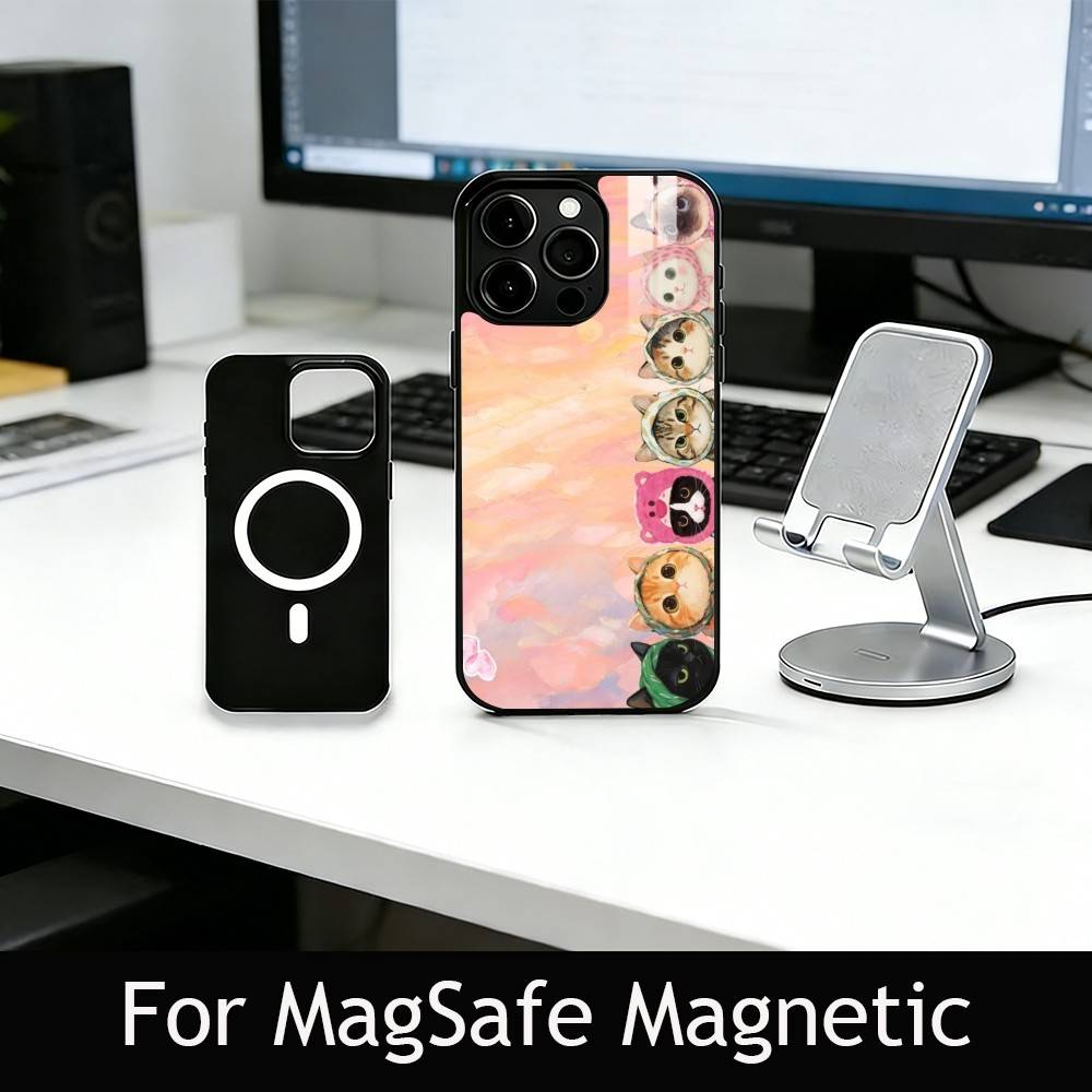 Pink Oil Painting Style Cat Phone Case For iPhone17,16,15,14,13,12,11 Plus,Pro Magnetic For Magsafe Wireless Charging