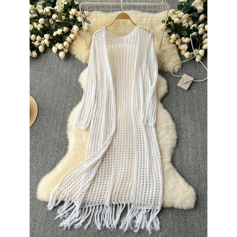 Fancy Idle Style Mid Length Long Length Cardigan Shawl Women's Seaside Holiday Travel Sun Protection Cut Out Knitting Tassel Outwear