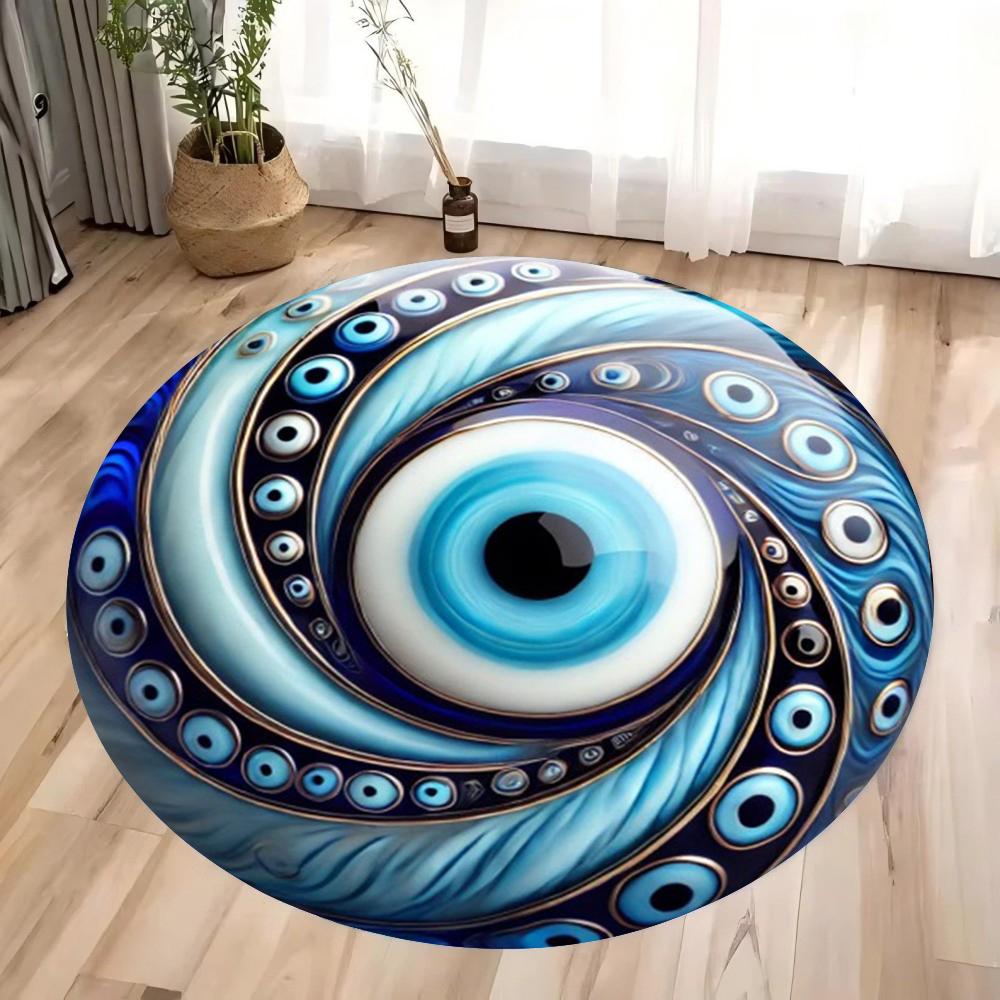 Ковер-мат Хамса Рука Ковер Коврик Злой Глаз Спираль Золотой Акцент Религиозная Мистическая Синяя Тема Современная Гостиная Домашний Декор Мягкий Напольный Коврик Diameter 60cm