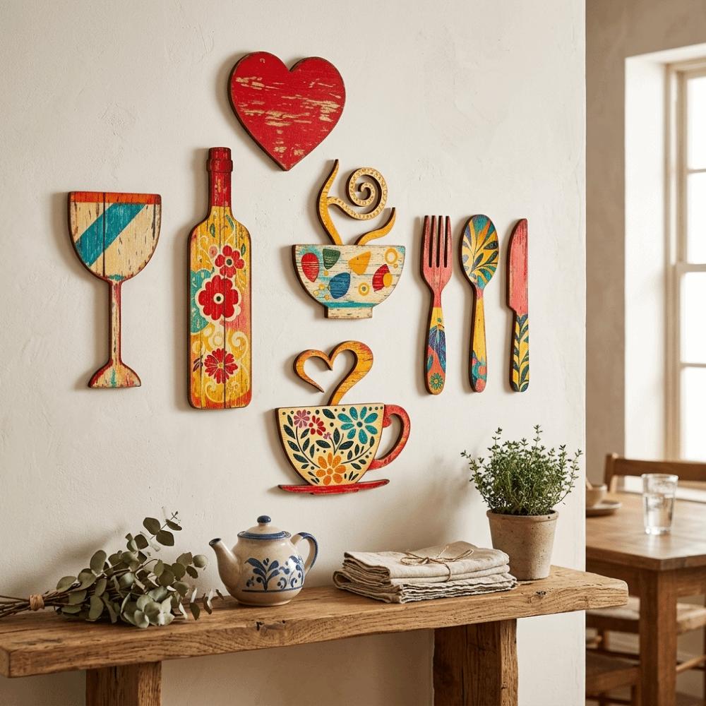 7/8 Pcs Vintage Coffee Utensil Wooden Ornament Coffee Themed Coffee Wall Sticker Hangings Kitchen