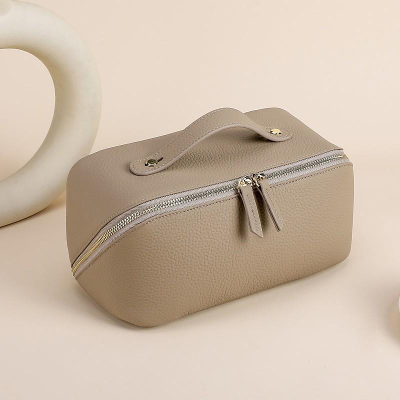 Genuine Leather Womens Toiletry Bag Double Zipper Handheld Cosmetic Case Skincare Storage