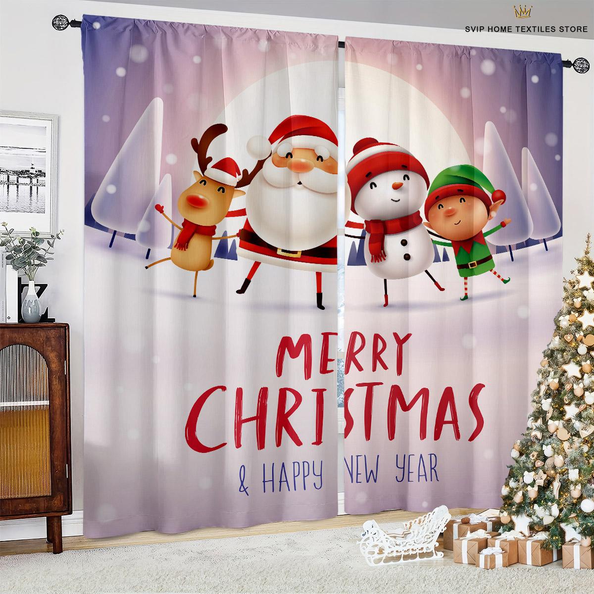 

Merry Christmas Holiday Cartoon Style Pattern Print Window Curtains, Fireplace, Tree, Home Decor, Bedroom, Living, Kitchen Area, Ornamental, 2 Pcs W50X130H(CM)X2PCS&Rod pocket