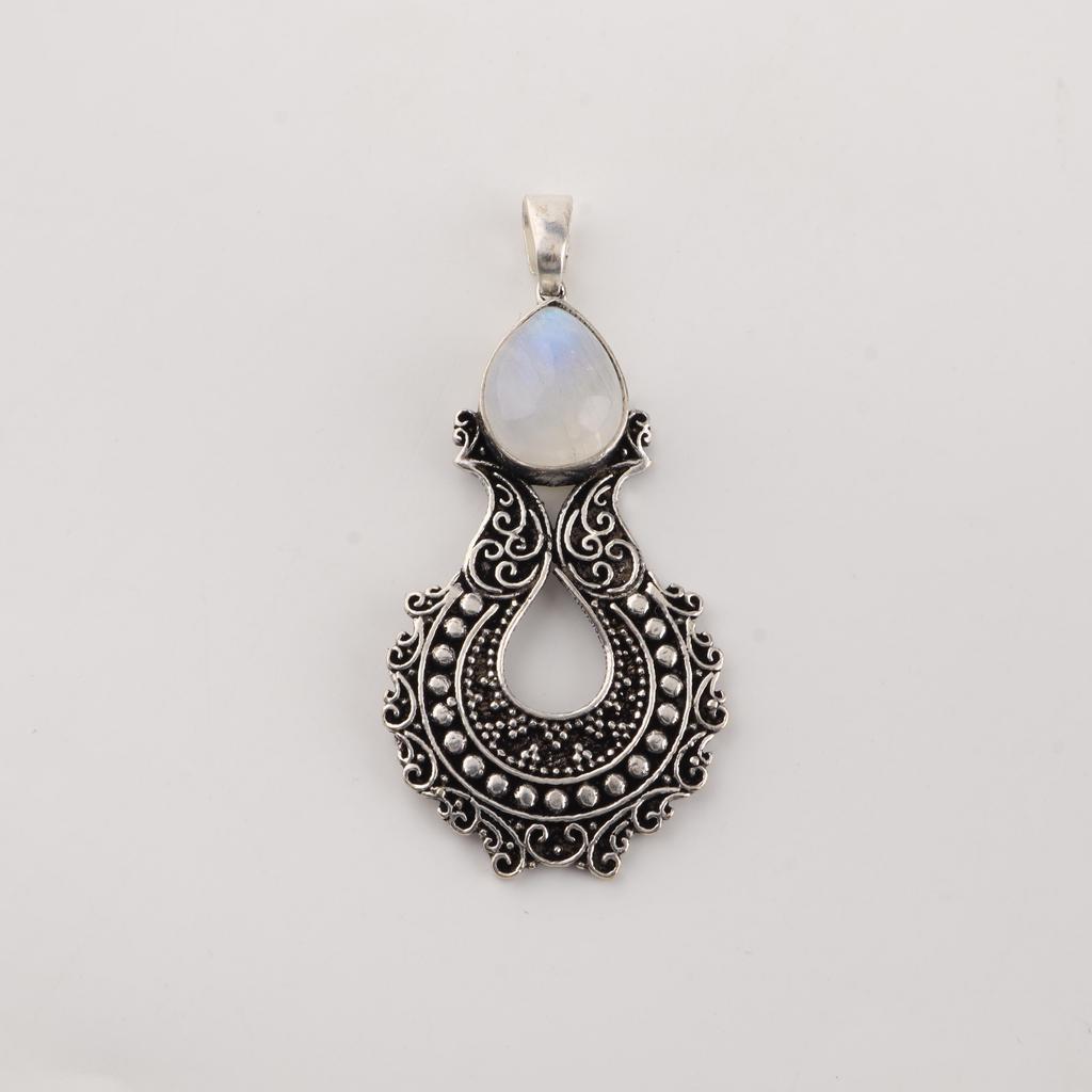 Natural Rainbow Moonstone Gemstone 925 Sterling Silver Oxidize Jewelry Pretty White-Stone Pendant 1.8" For Your Loved Ones CP-45-22
