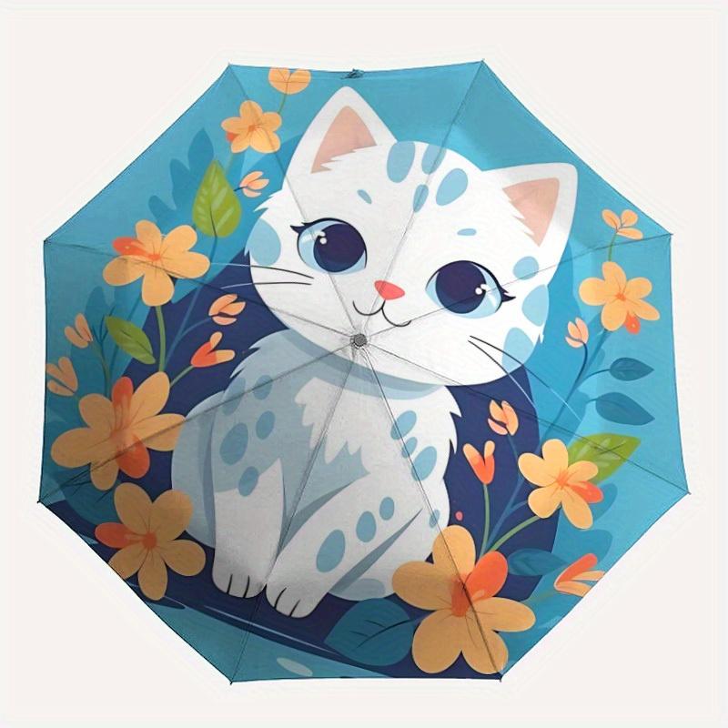 

1pc Kitten Flowers Automatic Umbrella Auto Open/Close Folding Umbrella with 8 Rib Frame, 3 Fold Compact Umbrella for Men & Women, 96