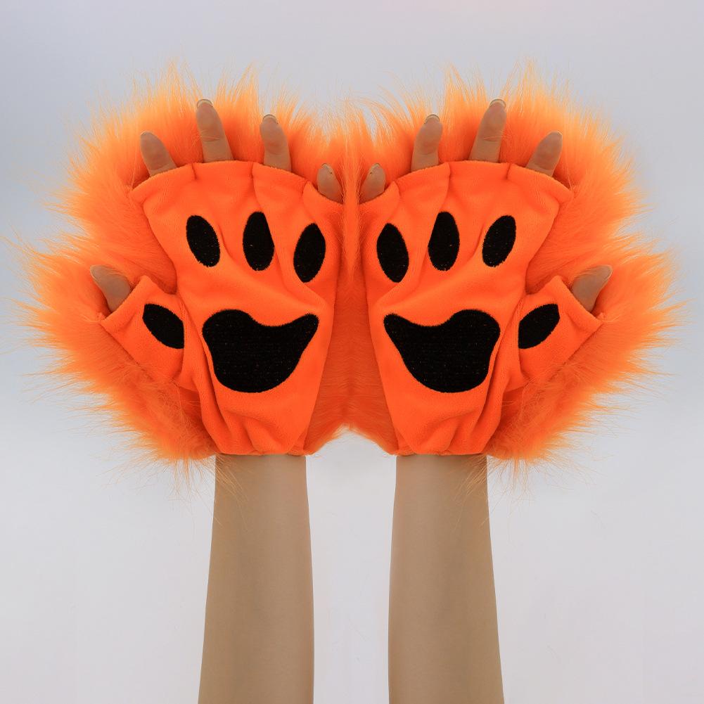 Furry Half Finger Animal Paw Gloves, Plush Cat Wolf Paw Gloves, Fursuit Cosplay Costume Gloves for Halloween Party Dress Up