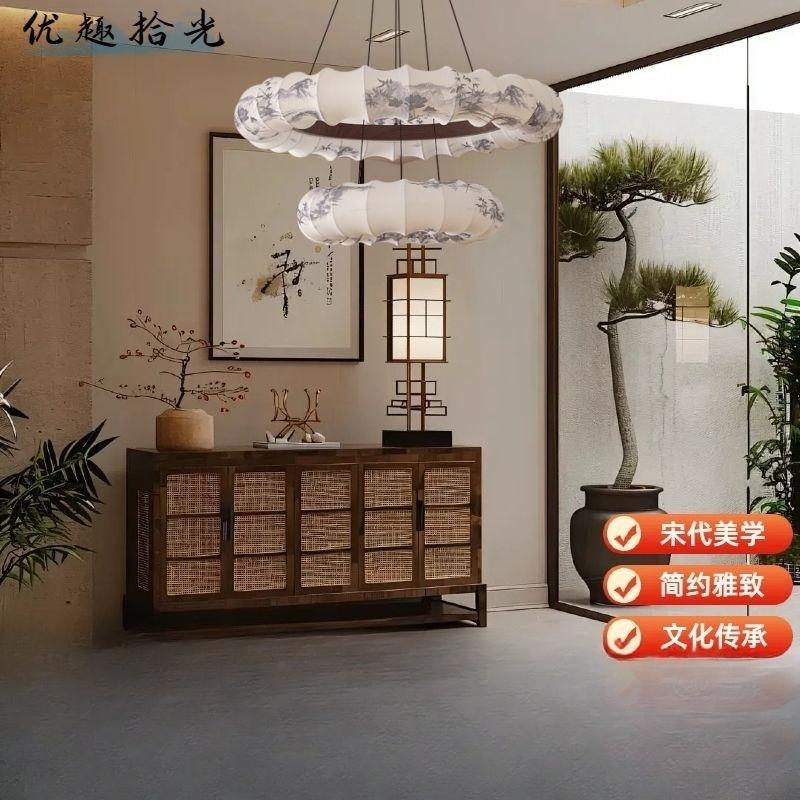 Double-layer fabric pendant lamp, retro living room main lamp, ink-wash painting,master bedroom,banquet hall,dining pendant lamp