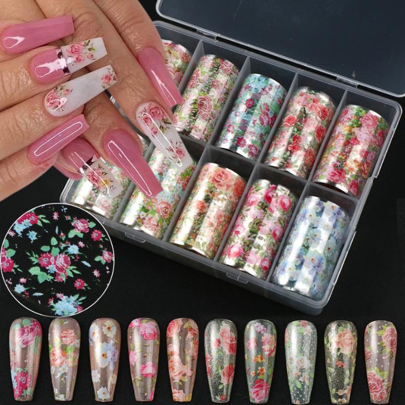 10 Rolls Flower Rose Nail Foils For Transfer Paper Floral Sliders Butterfly Nail Art Stickers Decal Nail Art Decorations