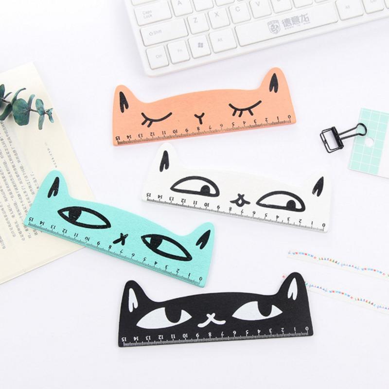 1 bucată drăguț Kawaii pisică neagră pisicuță riglă dreaptă unelte din lemn pentru cusut desene desenate, birou, școală, articole de papetărie