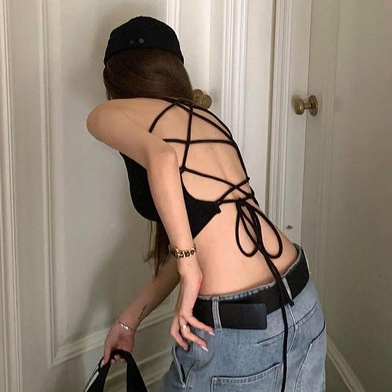 Y2K Damen Tops Rückenfreies Crop Top Ärmellos Sexy Niedlich Schwarze Weste Tank Top Sommer Kurze Weste Weiblich 2000er Kleidung