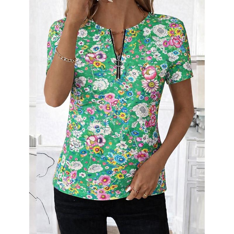 Women's Zipper Short Sleeve T-shirt, Casual Home T-shirt