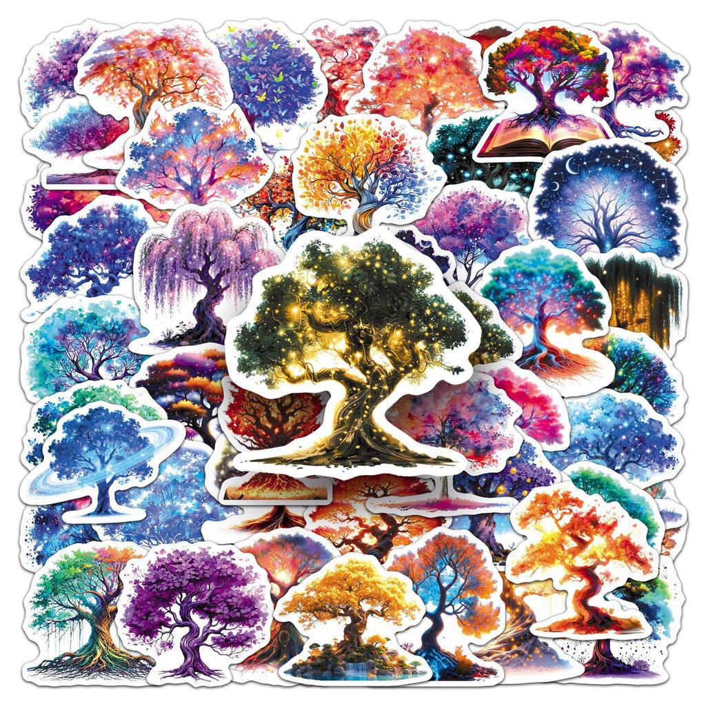 50 PCS Luminous Tree of Life Stickers: Colorful Cartoon Decor for Journals, Water Bottles, Storage Boxes & Stationery