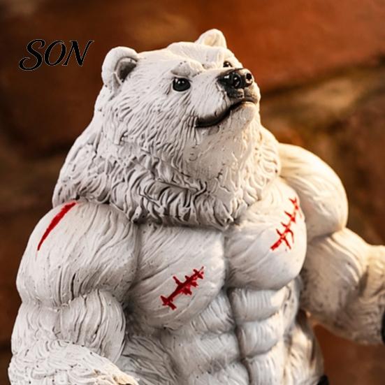 White Bear Sculpture Resin Boxing Figurine, Muscle Statue for Desk Decor, Brown Office and Home