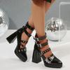Fashion Women's Gothic Platform Mary Jane High Heels Shoes Black Patent Leather Chunky Heeled Pumps Woman Metal Buckle Strap Punk Shoes