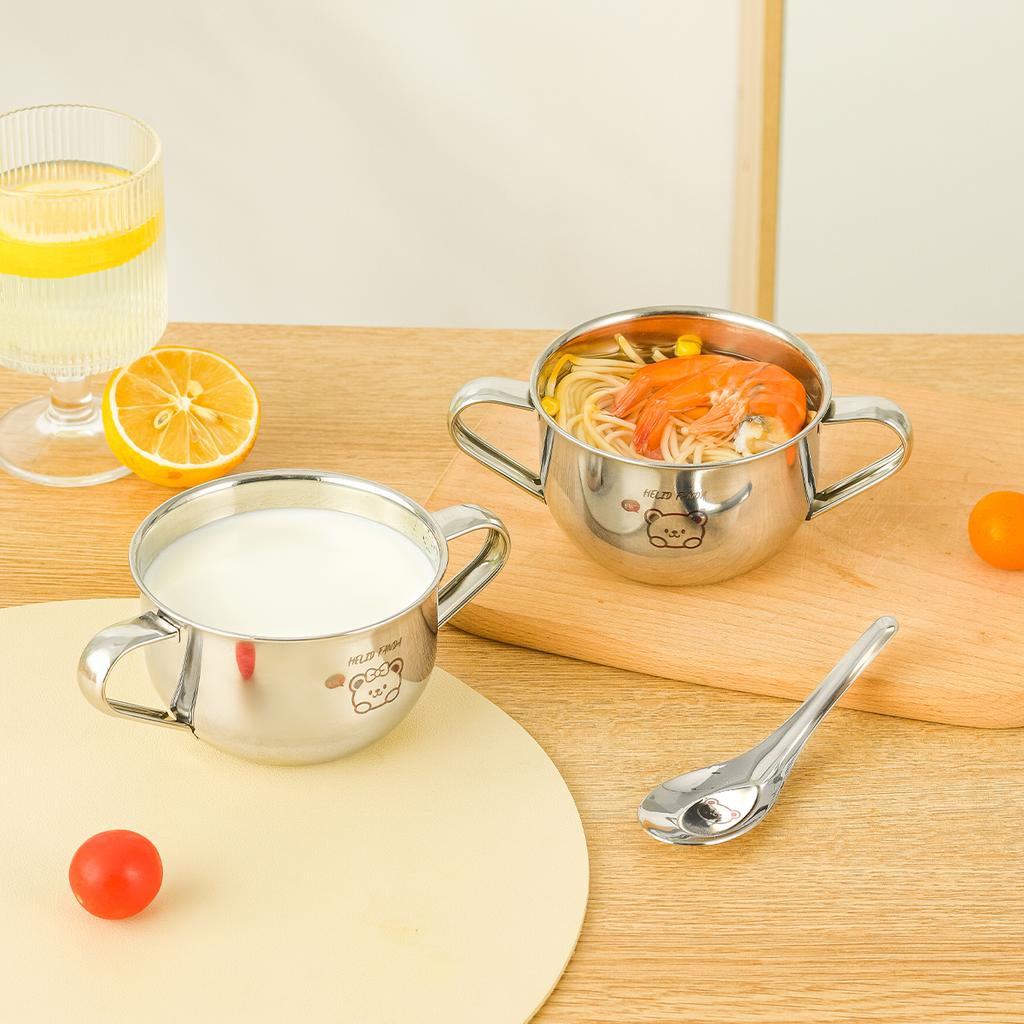 Bol pentru copii drăguț de 400 ml cu mâner dublu, bol pentru orez din oțel inoxidabil 304, bol pentru supă anti-opărire, set de veselă de bucătărie