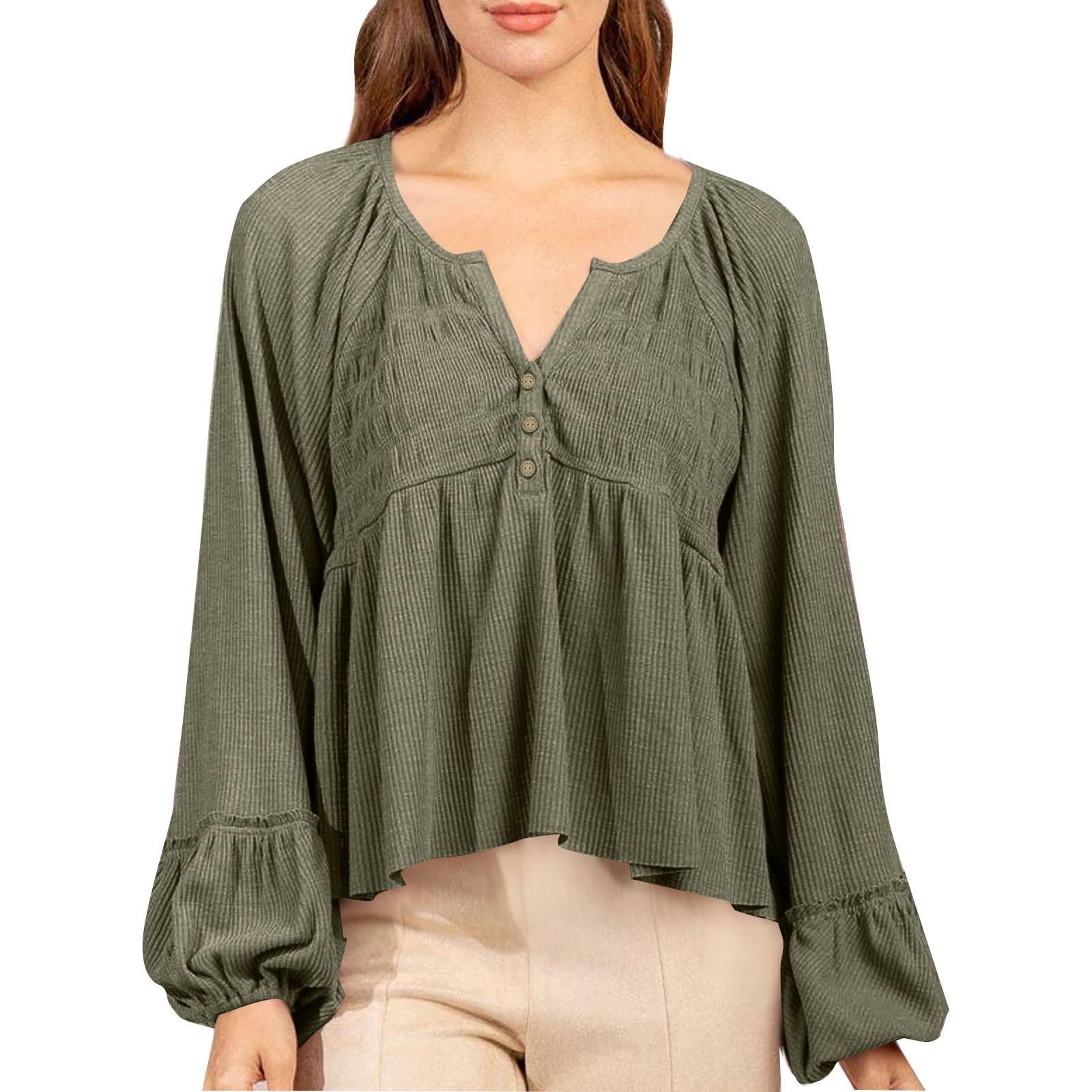 

Женская рубашка свободного покроя с V-образным вырезом и длинными рукавами, в стиле кэжуал, с плиссировкой и плетением L армия зеленый