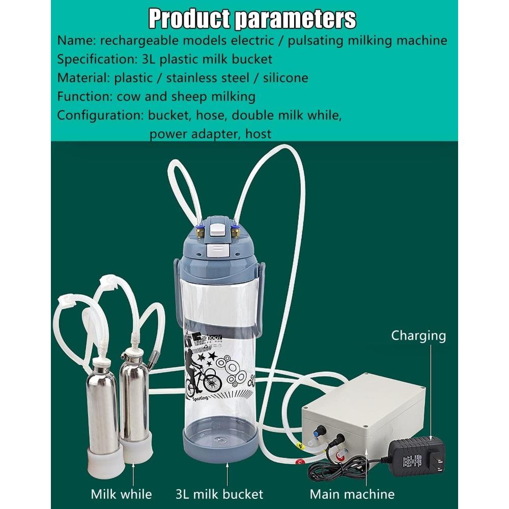 Electric goat milking machine, 3-liter pulsating milking machine, plastic milk bucket with 2 teat cups, portable vacuum pump