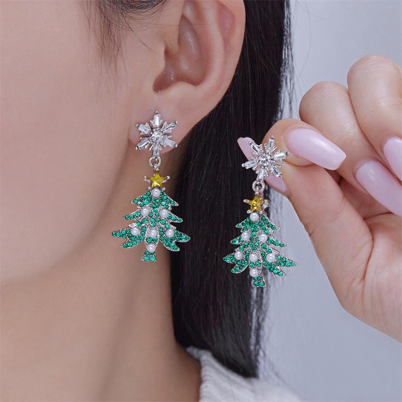 Trendy Christmas Tree Long Pendant Earrings High Temperament Fashion Zircon Jewelry Xmas Gift Collection Studs Party New Arrival
