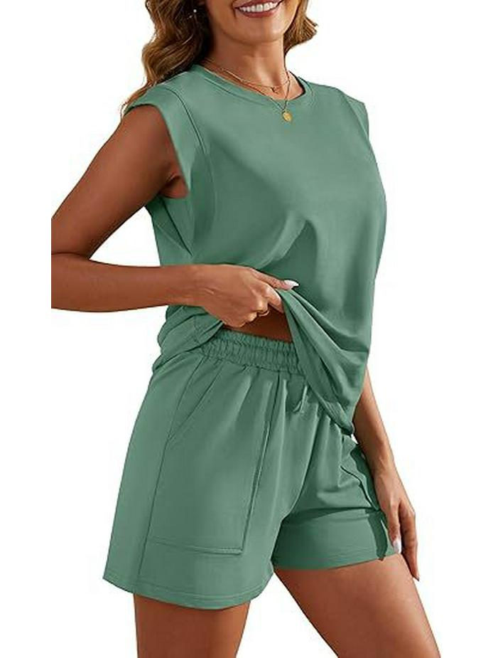 Women's 2026 Summer Solid Color Two-Piece Set: Round Neck Top & Pocket Shorts
