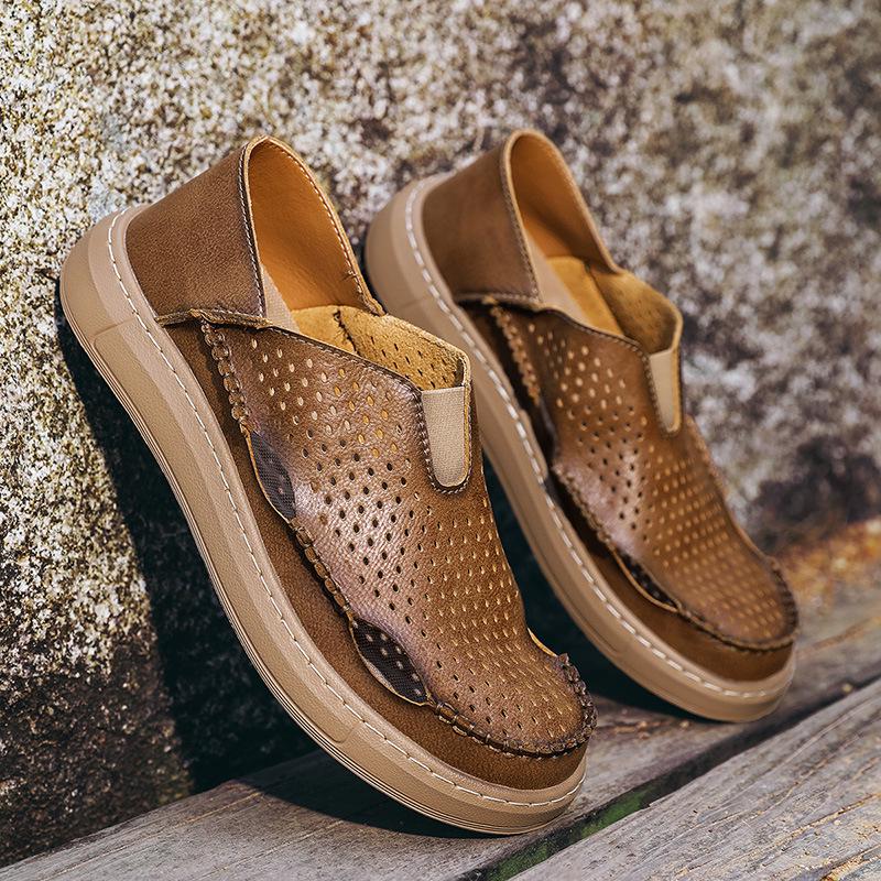 Summer 2026 Lightweight Wide-Toe Slip-On Leather Shoes - Breathable Perforated Soft Sole