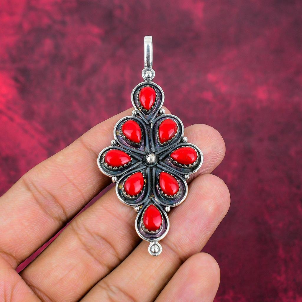 Pendentif en corail rouge fait à la main, pendentif en argent sterling massif 925, bijoux anciens, pour cadeau de fiançailles