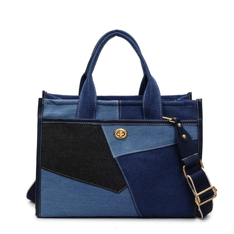 

High-quality Contrast Color Stitching Canvas Tote Bag Women Large Capacity Denim Commuter Handbag Casual One-shoulder Cross-body