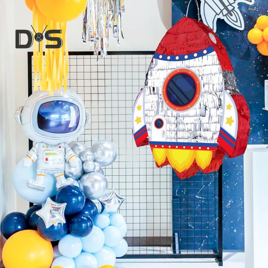 Pull String Rocket Ship Pinata Rocket Pinatas with Blindfold Bat Stick Confetti for Kids Space Themed Birthday Party Supplies