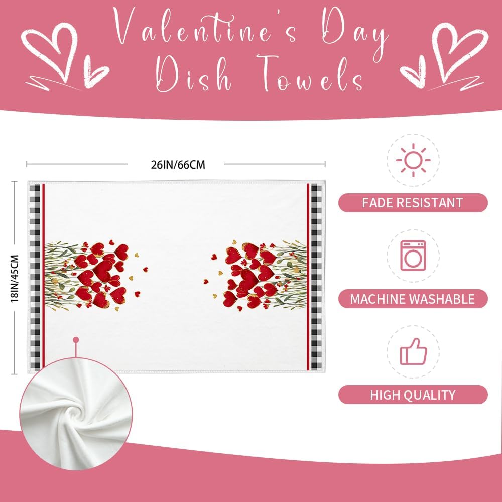 ARKENY Valentines Day Kitchen Towels Set of 2,Red Heart Love Dish Towels 18x26 Inch Drying Dishcloth,Farmhouse Home Daily Seasonal Decoration AD413