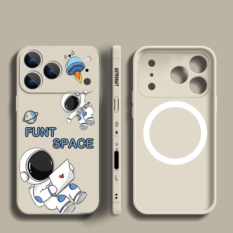 Cartoon Astonaut Planet Pattern Case For iPhone 16 Pro Max Magnetic For Magsafe Soft Cover For iPhone 17 15 14 13 Pro Max 17E 16E