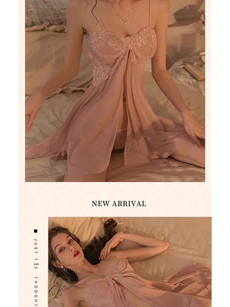 Lan Gui Fang Plus Size Sexy Lace Slit Nightgown - See-Through Mesh Suspender 2823