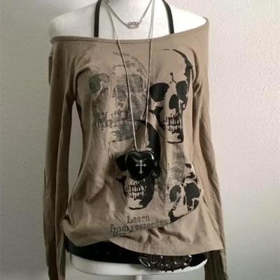 Bahar Vintage Slim Baharat Kadın İskelet Baskılı Gömlek Gotik Bol Harajuku Üstler