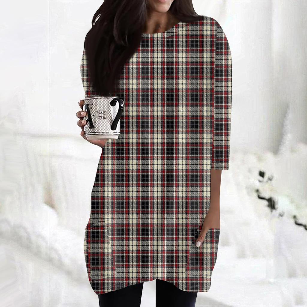 Damenmode Lässig 3/4 Ärmel Print Rundhals Doppelpattentasche T-Shirt Top