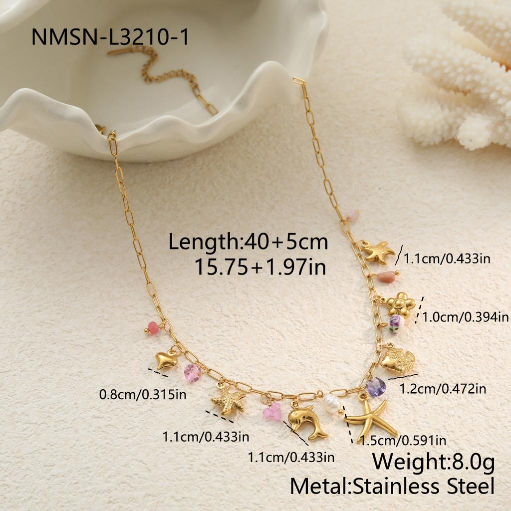 GEMCHIC Women's Ocean Style Shell Starfish Seahorse Bracelet Necklace Set Gold Plated Titanium Steel Jewelry