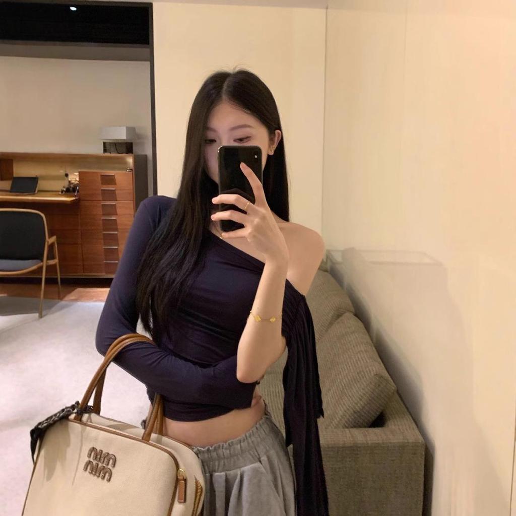 Spicy Asymmetrical One-Shoulder Long-Sleeve Slim Fit T-Shirt for Women - Spring Slimming Bodycon Base Top