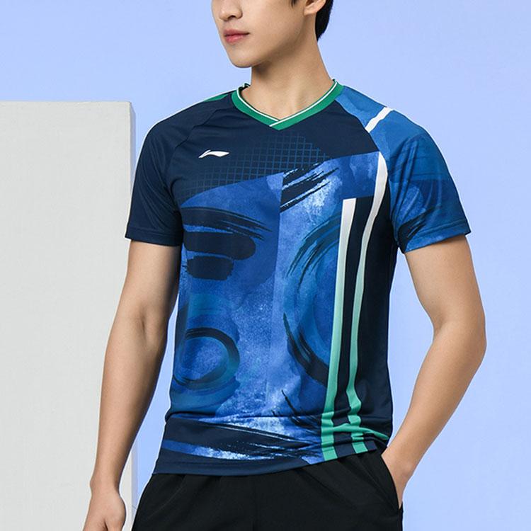 Li Ning Badminton Series Quick-Dry Cool Competition Sports Short Sleeve T-Shirt Men Tops Royal-Blue AAYR193-1
