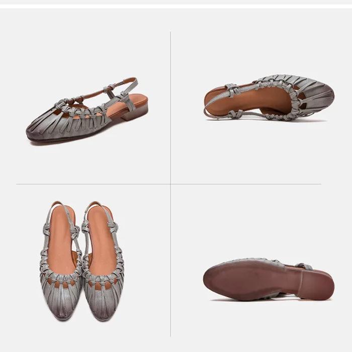 Johnature Gewebte, ausgehöhlte römische Sandalen mit niedrigem Absatz, echtes Leder, weiche Sohle, lässige, vielseitige Damenschuhe