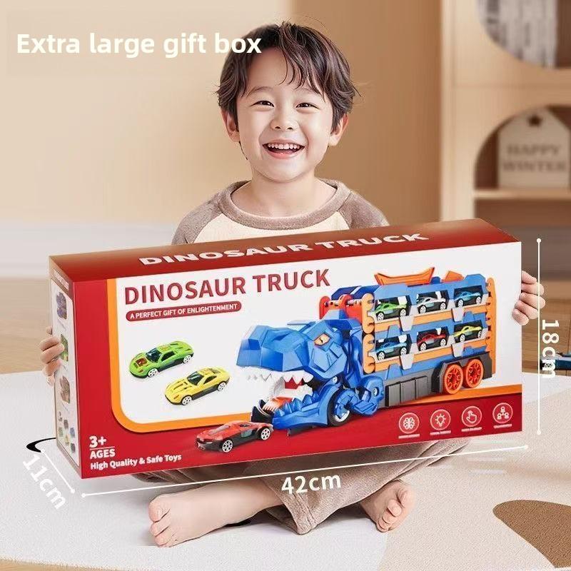 Latest Dinosaur Transport Truck With 12 Molded Racing Cars,Transforming Dinosaur Car Into Standing Tyrannosaurus Gifts For Kids