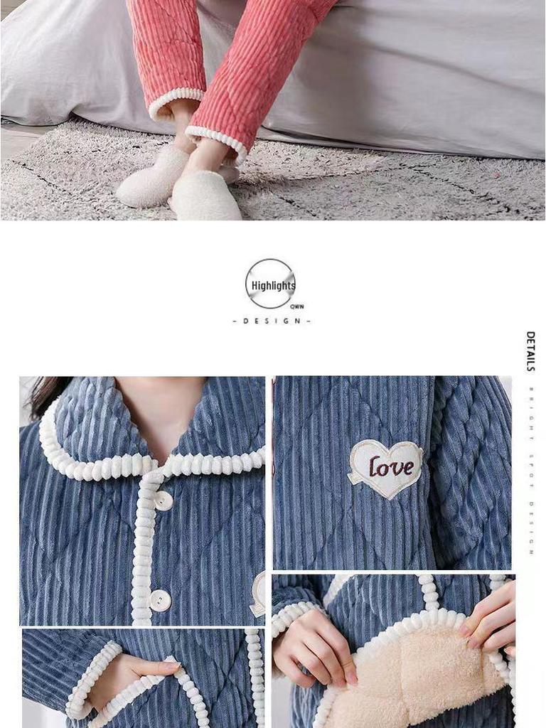 Women's Coral Fleece Flannel Pajamas: Warm, Thick, Quilted, Autumn/Winter Home Wear. Luxurious, Can Be Worn Outside.